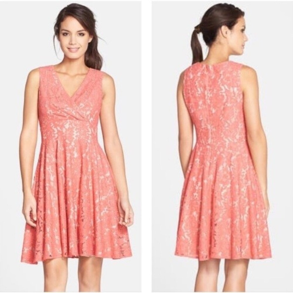 Eliza J Salmon Lace Fit & Flare Dress Women's Sz 16W V-Neck Pockets Cotton Blend